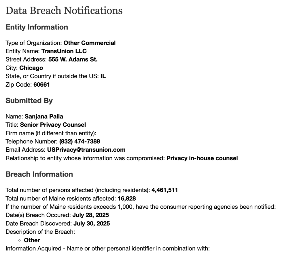 TransUnion Breach on Maine AG Website