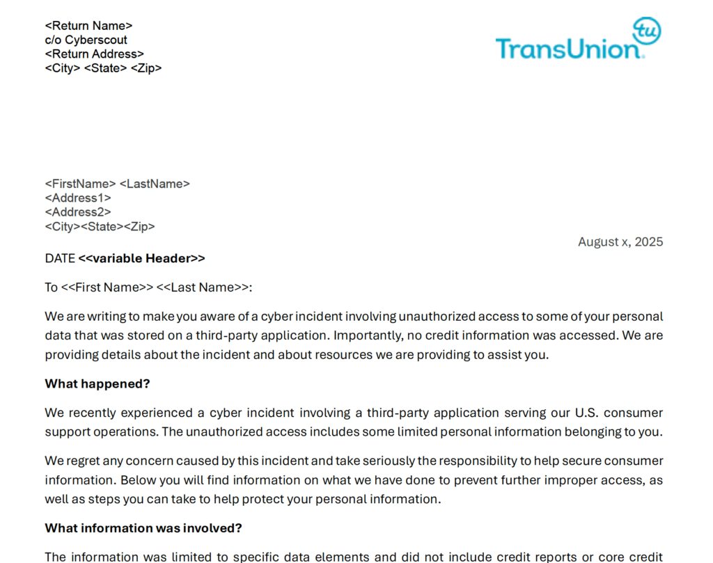 TransUnion Breach Notification Template