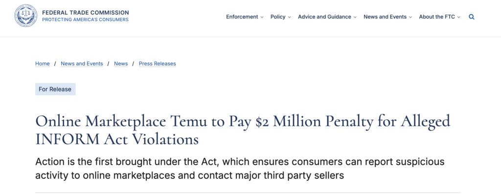 TEMU INFORM act fine for compliance violation