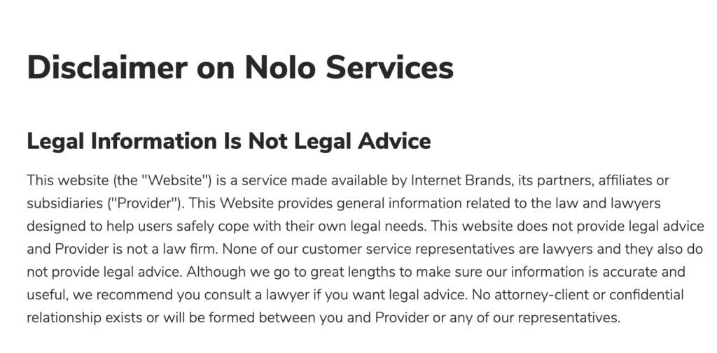 Disclaimer from NOLO Legal Site