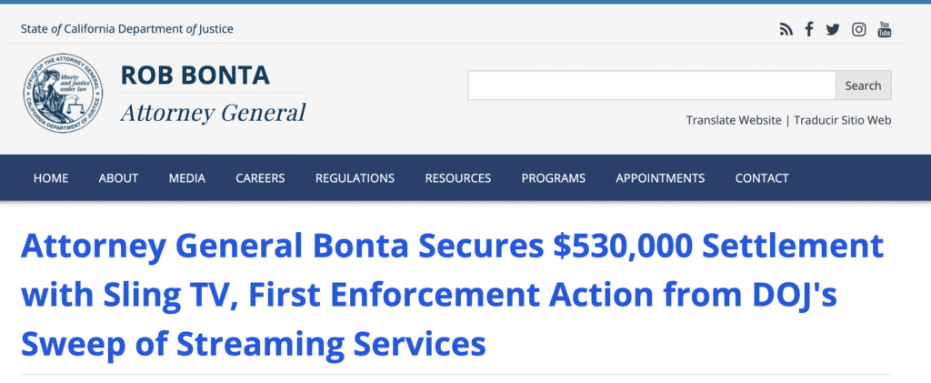 SLING TV Fine from California AG for $530,000 over data privacy violations