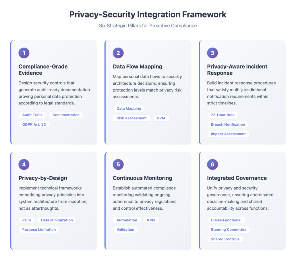 Privacy-Security Integration Framework
Six Strategic Pillars for Proactive Compliance