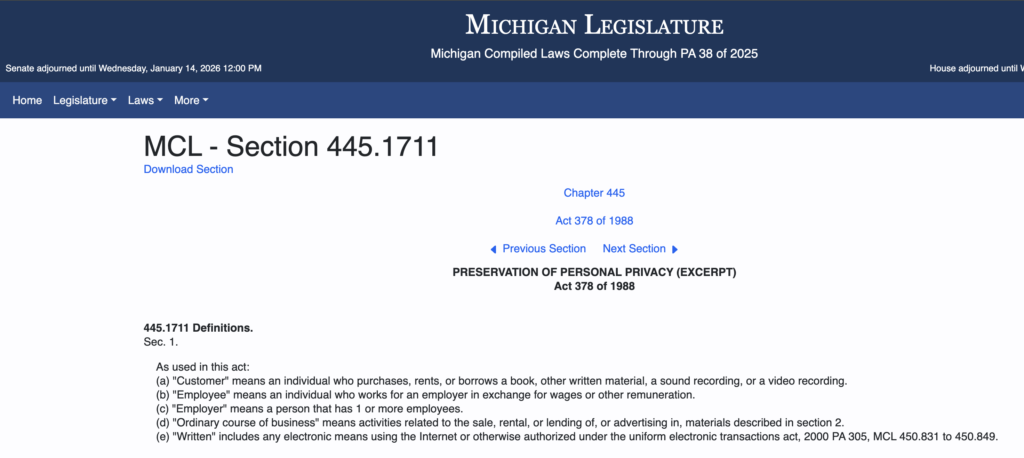 Michigan Data privacy law around videos