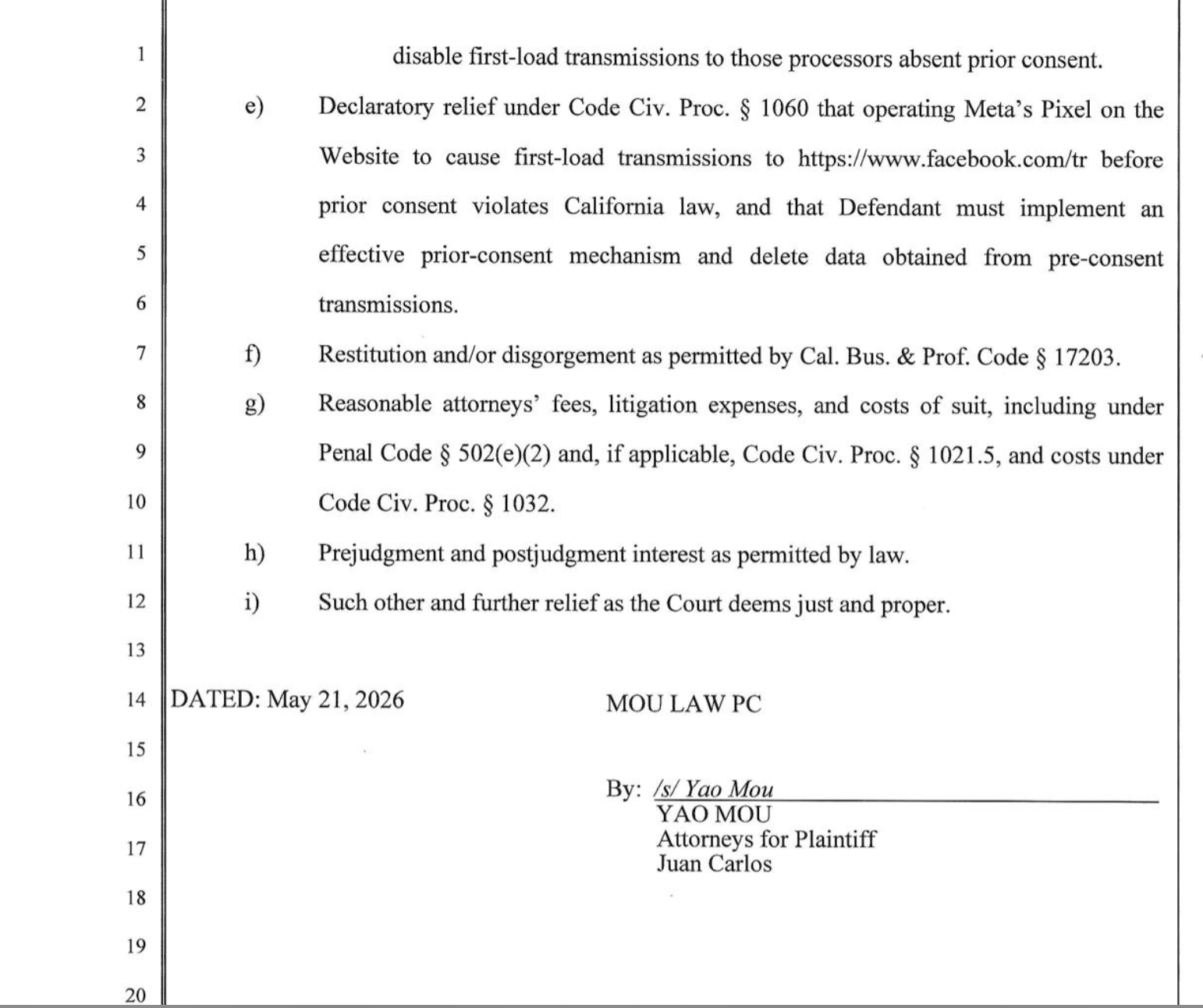 Yao Mou Law Firm Complaint