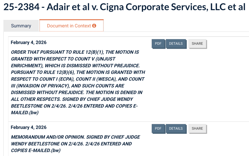 Adair vs Cigna WESCA Privacy Ruling