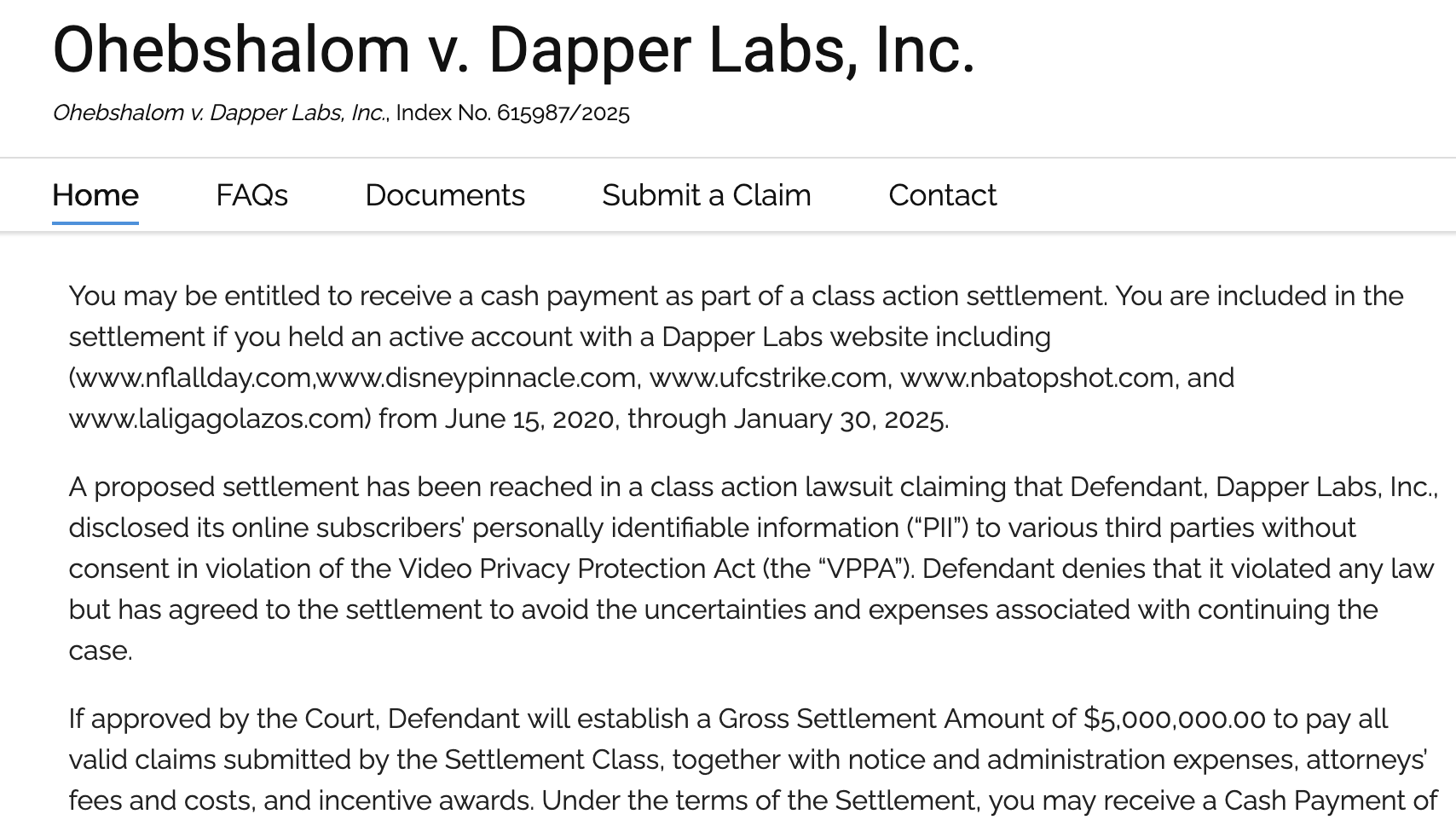 VPPA Dapper Labs Settlement