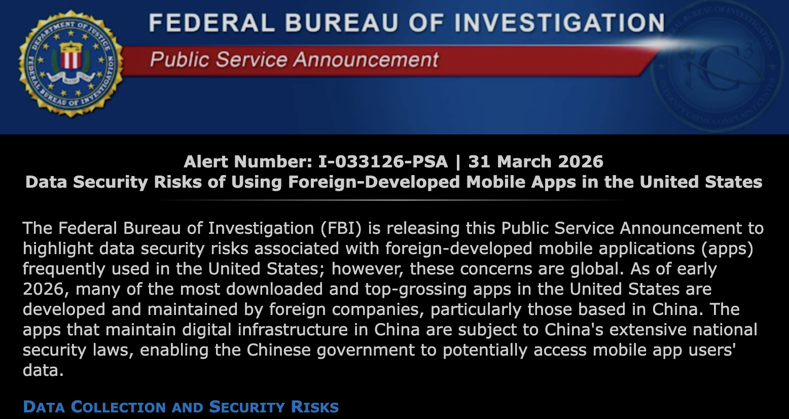 FBI Warns Americans: Foreign-Developed Mobile Apps — Especially Chinese