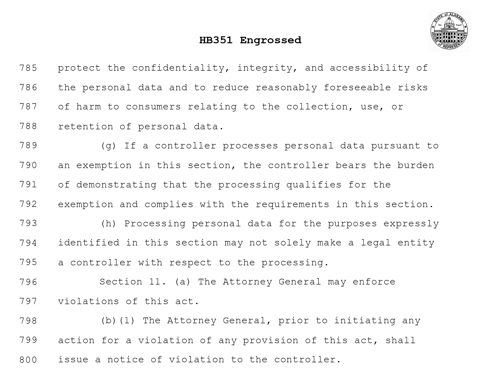HB351 Alabama Data Privacy Law text