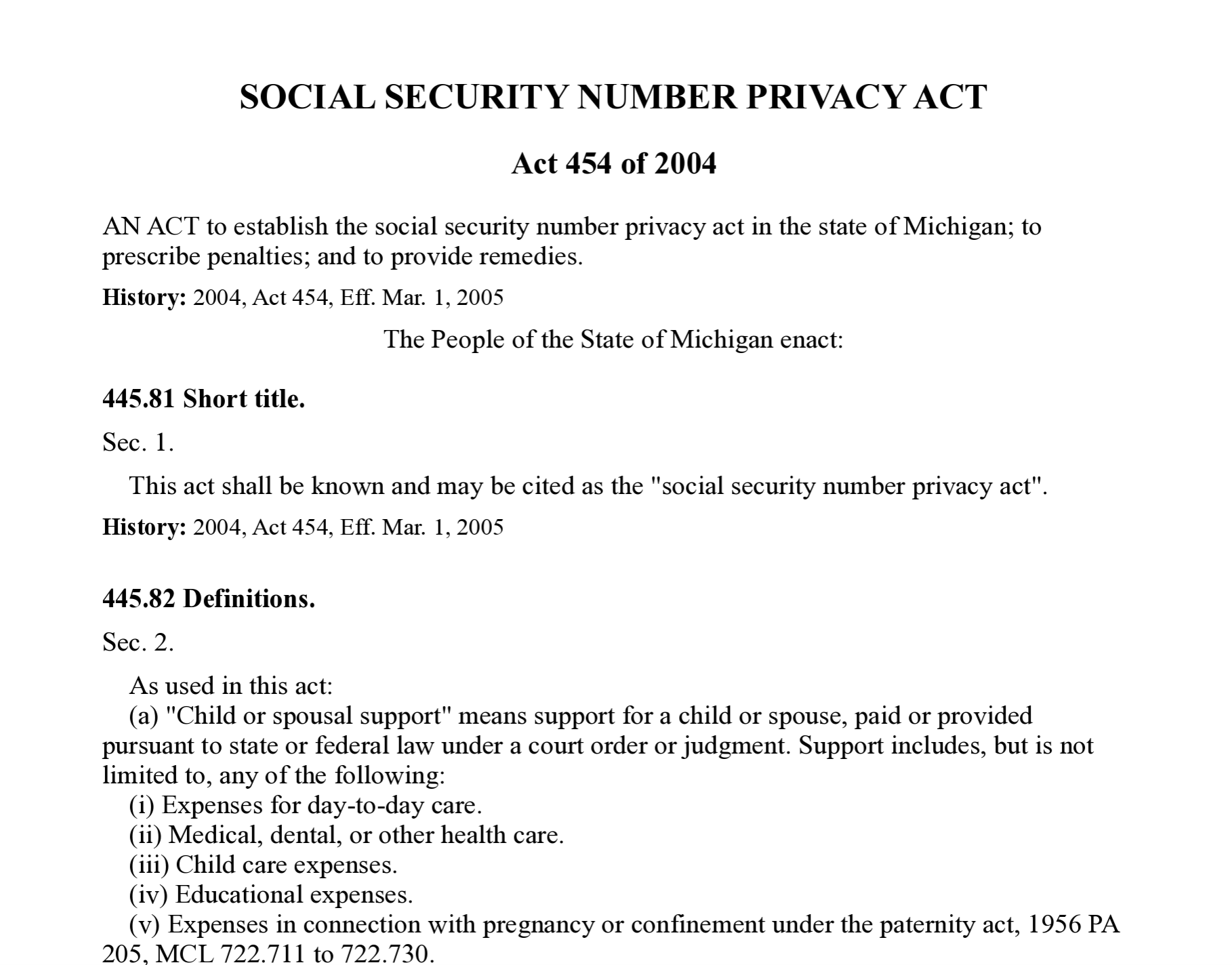 Michigan Social Security Data Protection Act