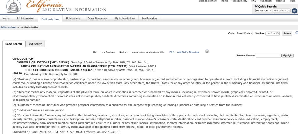 California Customer Records Act (CRA)