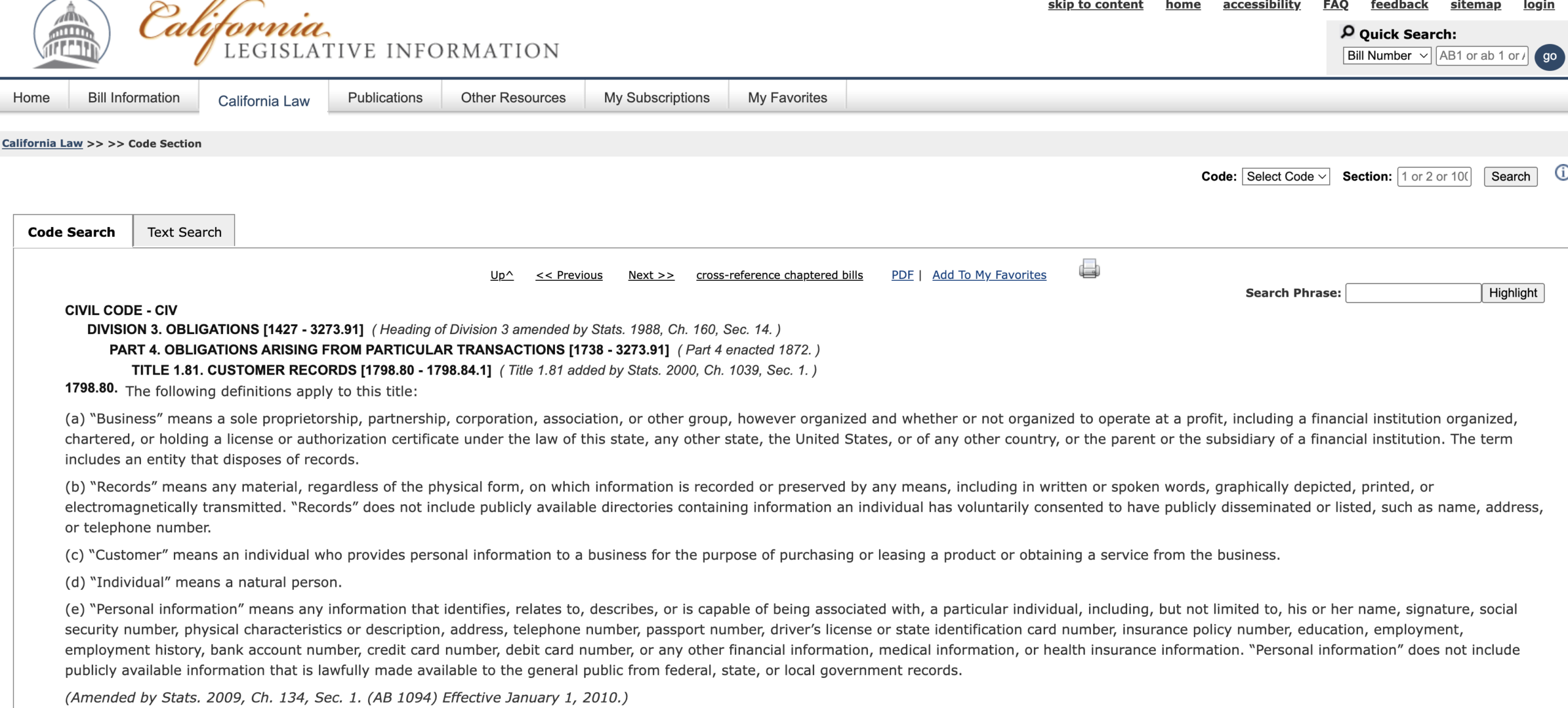 California Customer Records Act (CRA)
