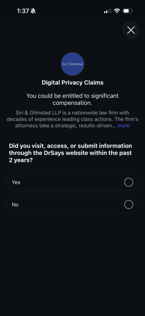 Dr Says IG Ad from Siri & Glimstad Privacy Law Firm x