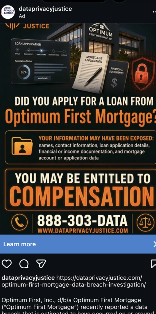 Optimum First Mortgage Data Privacy Lawsuit Ad