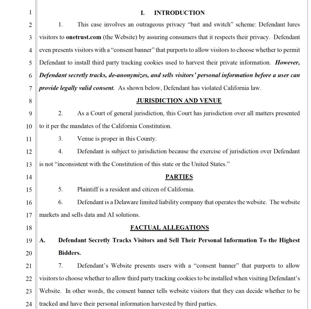 Onetrust Data Privacy Violation Lawsuit Scott Ferell Pacific Trial Attorneys