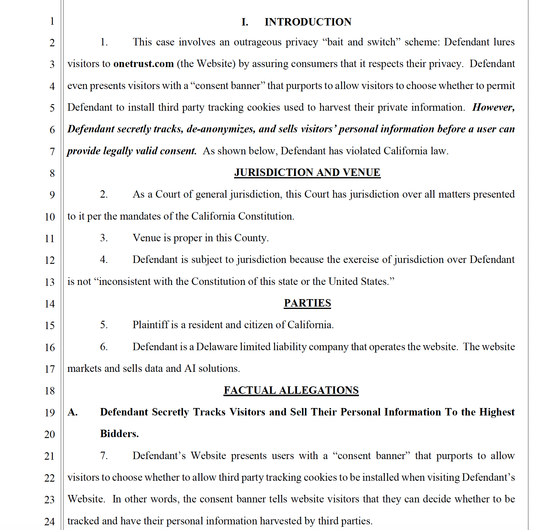Onetrust Data Privacy Violation Lawsuit Scott Ferell Pacific Trial Attorneys