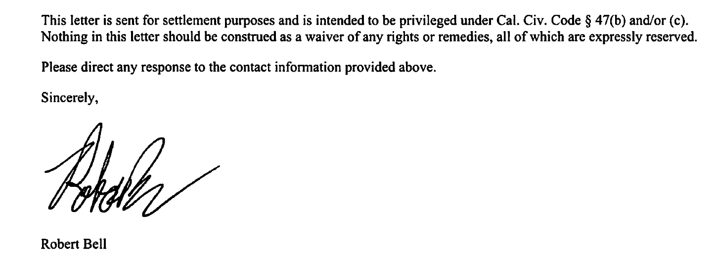 Robert Bell Data Privacy Lawsuit Letter in California