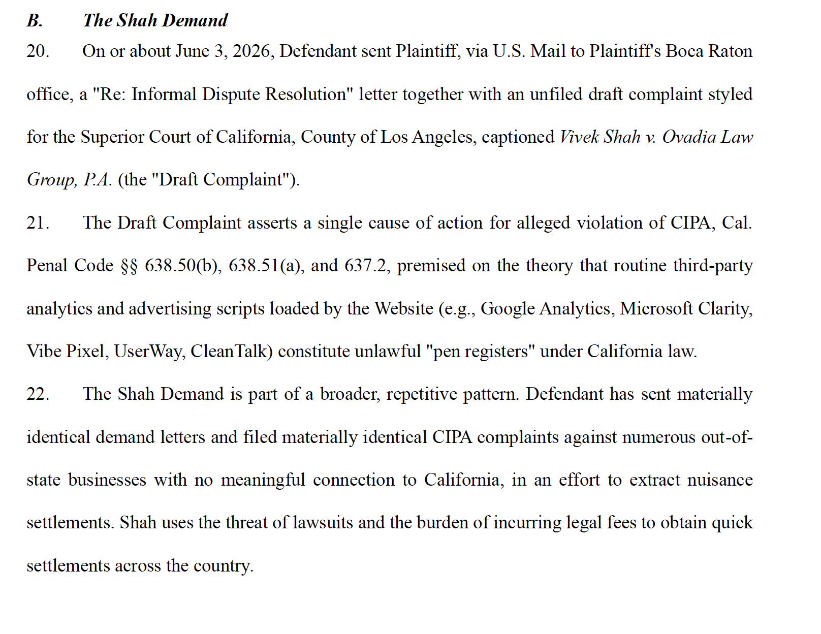 Vivek Shah Ovaida Law CIPA Case