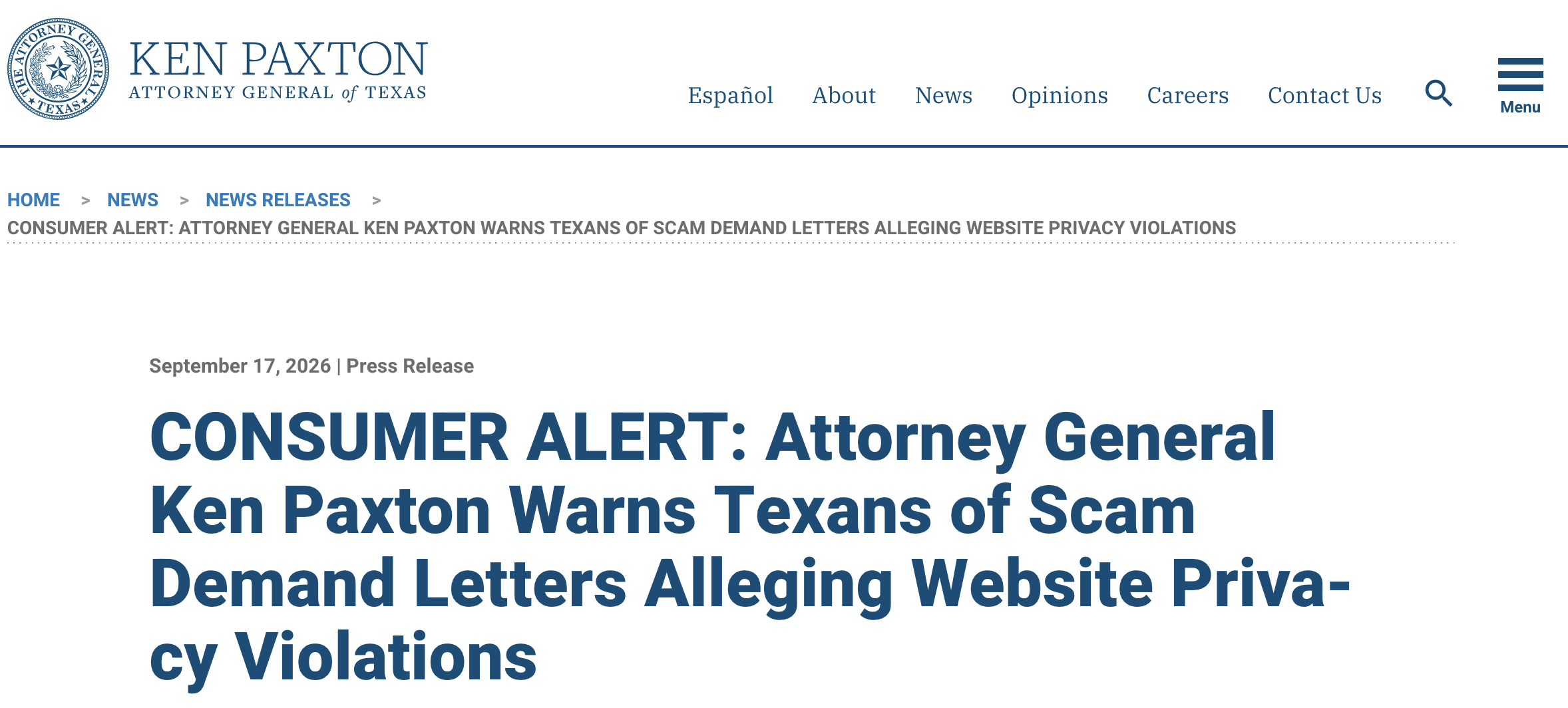 Texas Attorney General Ken Paxton Warns Businesses About CIPA Demand Letters and Specifically Names Vivek Shah