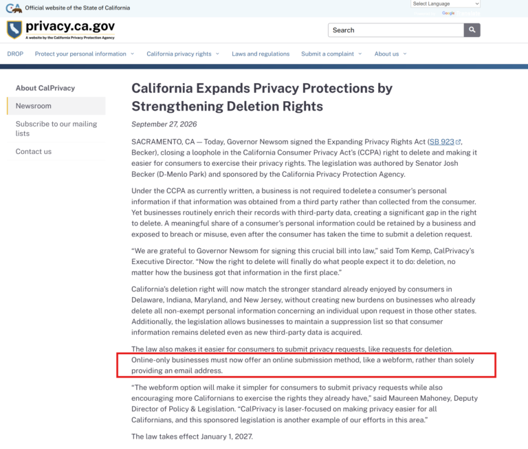 SB 923 Is Law: CCPA Deletion Now Covers Third-Party Data, and Email Alone Is Not Enough