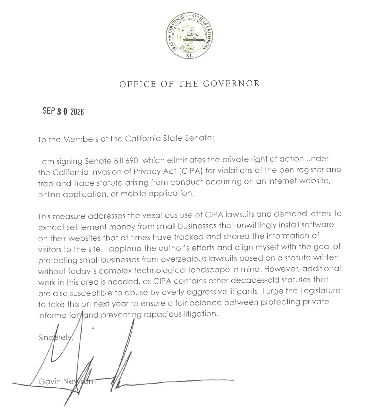 SB690 Veto for CIPA Lawsuits