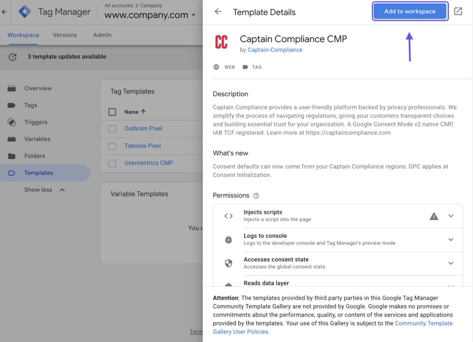Elevar CMP Solution Captain Compliance - Audiense via GTM
